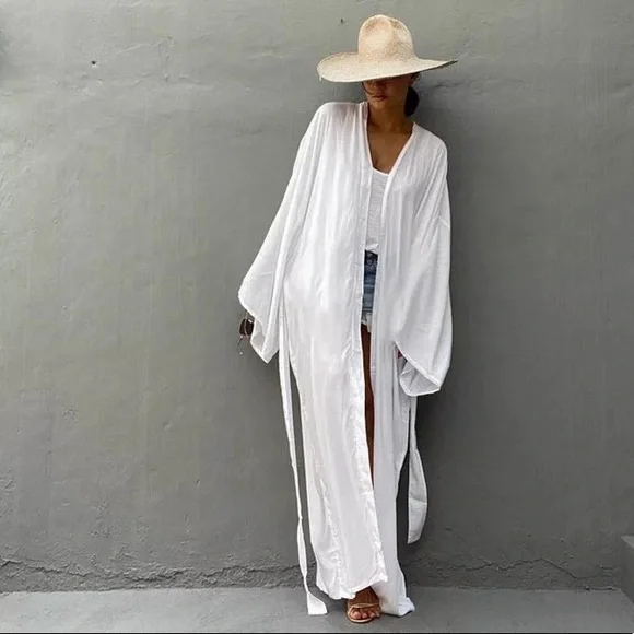 PreWashed Cotton Maxi Duster Kimono, Oversized Beach Coverup W/Sash Tie NWT - Picture 5 of 6